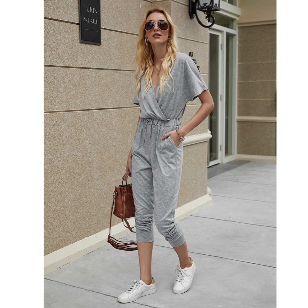 Surplice Top Drawstring Waist Grey Jumpsuit - Picture 6 of 12